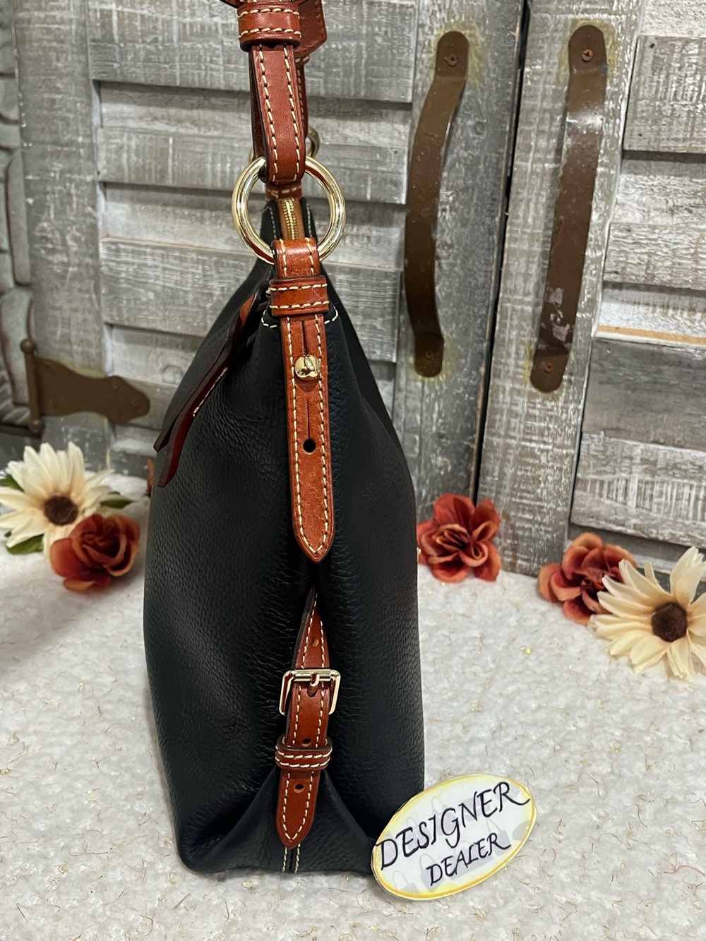 Dooney & BOURKE Pebbled Leather Hobo Shoulder Bag Black With Brown Trim - Picture 9 of 12